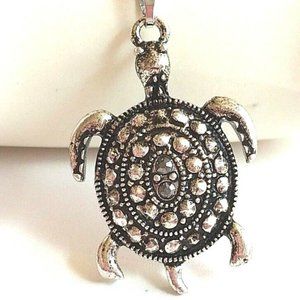 Sea Turtle Necklace Marcasite Crystal 20" Stainless Steel Silver Plated Nautical